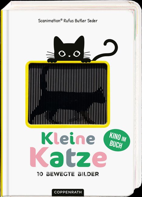 "Kleine Katze", "KINO IM BUCH", "10 BEWEGTE BILDER". Eine Katze schaut über einen Rahmen, darin eine animierte Katze.