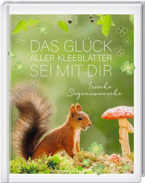 „DAS GLÜCK ALLER KLEEBLÄTTER SEI MIT DIR. Irische Segenswünsche.“ Ein Eichhörnchen neben einem Fliegenpilz.