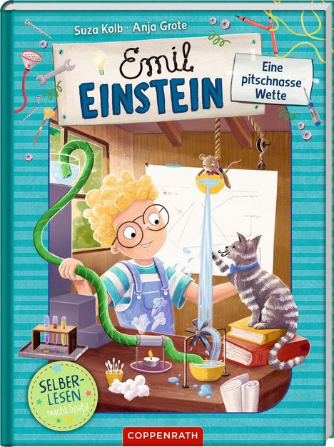 Titel: "Emil Einstein – Eine pitschnasse Wette". Illustration eines Jungen mit Brille und Schlauch, Katze spielt mit Wasser.