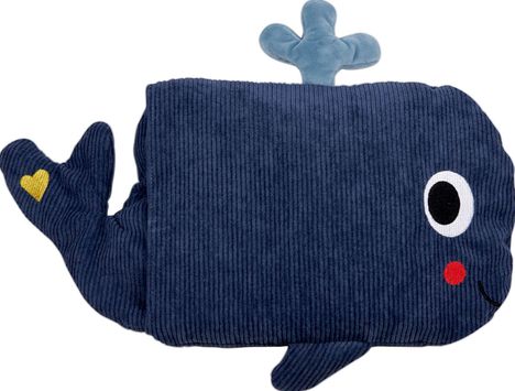 Ein dunkelblauer Wal aus Stoff mit gesticktem gelbem Herz auf der Flosse, großen Augen und einem lachenden Gesicht.