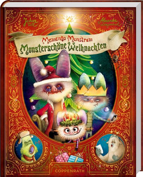 Text: "Memento Monstrum: Monsterschöne Weihnachten."  
Illustration: Bunte Monsterfiguren um einen Weihnachtsbaum.