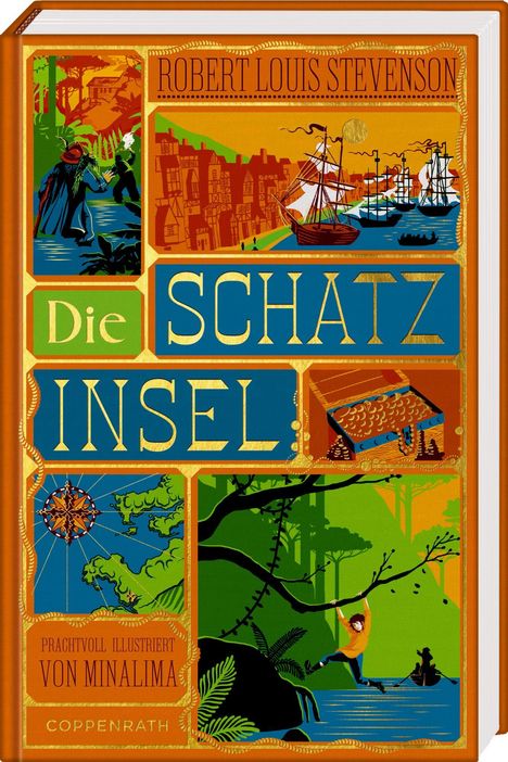 "Robert Louis Stevenson, Die Schatzinsel, prachtvoll illustriert von Minalima. Schiffe, Schatztruhe, Karte und Figuren im Dschungel."