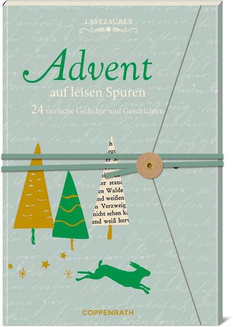 Text: "Advent auf leisen Spuren. 24 tierische Gedichte und Geschichten." Illustration: Bäume und ein springender Hase.