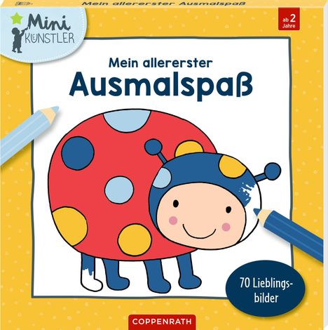 „Mein allererster Ausmalspaß“ auf einem Kinderbuchcover. Bunter Marienkäfer, Label „ab 2 Jahre“. Links oben „Mini Künstler“.