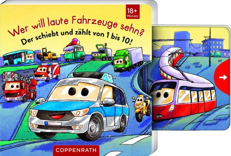 „Wer will laute Fahrzeuge sehn? Der schiebt und zählt von 1 bis 10!“ Illustration mit fröhlichen Fahrzeugen.