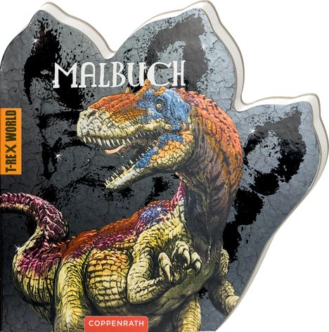 Text: "MALBUCH", "T-REX WORLD", "COPPENRATH". Buntes Dinosaurier-Gemälde, gestaltet in lebhaften Farben auf dunklem Hintergrund.