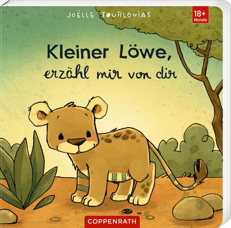 "Kleiner Löwe, erzähl mir von dir." Illustration eines Löwenkindes in einer natürlichen Umgebung mit Pflanzen und Bäumen.