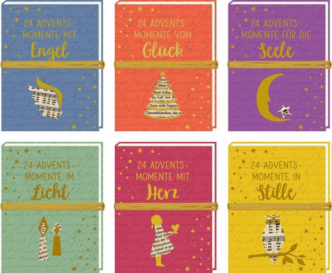 Oben: 24 Advents-Momente mit Engel, vom Glück, für die Seele.  
Unten: im Licht, mit Herz, in Stille. Bunte Bücher.