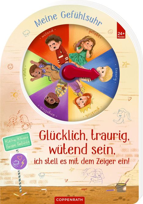 "Meine Gefühlssuhr." "wütend", "geliebt", "traurig", "glücklich", "ängstlich", "stolz". Kinder um einen Zeiger.