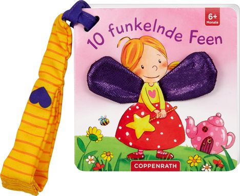 "10 funkelnde Feen", "6+ Monate", Illustration: Fee mit lila Flügeln, gelbem Zauberstab, pinker Teekanne, Blumen, gelbes Band.