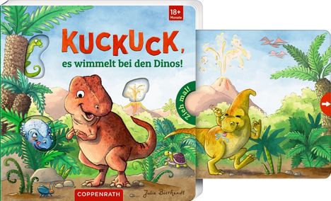 "Kuckuck, es wimmelt bei den Dinos!" zeigt fröhliche Dinosaurier in grüner Landschaft mit Vulkan und Pflanzen.
