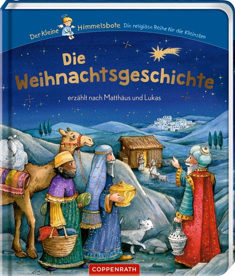"Die Weihnachtsgeschichte" oben, "erklärt nach Matthäus und Lukas" darunter. Illustration: Drei Weise, Kamele, Stern über Bethlehem.