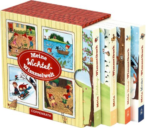 "Meine Wichtel-Wimmelwelt" steht auf einem Schuber mit vier Büchern: Frühling, Sommer, Herbst, Winter. Kinder in Wichtelanzügen.