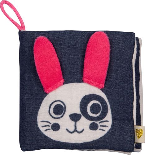 Illustration einer Hasenfigur: Weißes Gesicht, schwarze Augen, rosa Ohren auf dunklem Hintergrund. Goldenes Herz an der Seite.