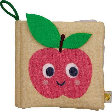 Eine Illustration eines fröhlichen Apfels mit Augen, Mund und grünen Blättern aus Stoff.