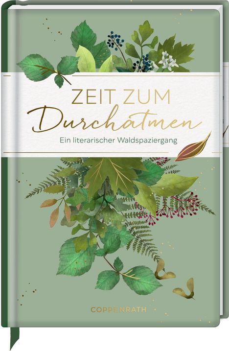 "Zeit zum Durchatmen: Ein literarischer Waldspaziergang." Illustration mit grünen Blättern und Pflanzen auf hellem Hintergrund.