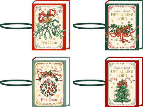Vier Buchcover, zwei mit „Für Dich“, zwei mit „Frances H. Burnett DER KLEINE LORD“. Weihnachtliche Motive: Mistelzweig, Kranz, Tanne.