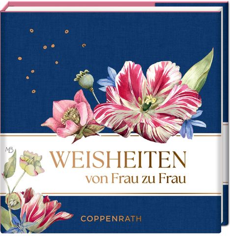 "Weisheiten von Frau zu Frau" mit Blumenillustrationen auf blauem Hintergrund.