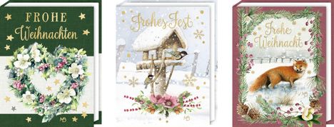 Links: "FROHE Weihnachten" über einem Blumenkranz. Mitte: "Frohes Fest" mit Vögeln im Schnee. Rechts: "Frohe Weihnacht" mit Fuchs.