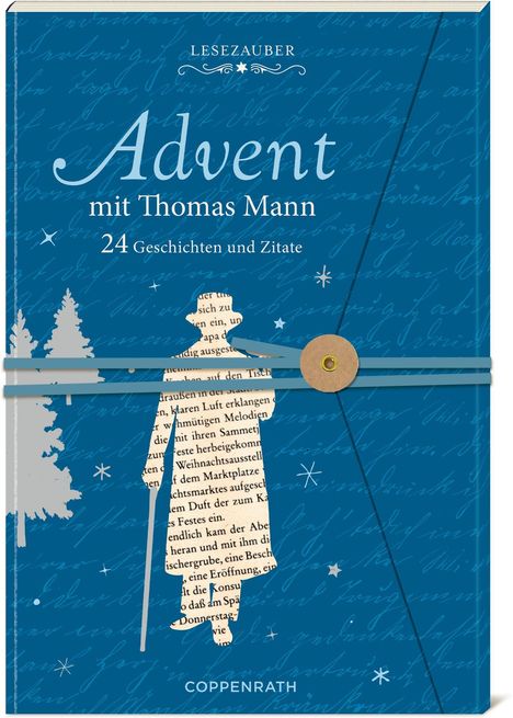 "Lesenzauber - Advent mit Thomas Mann: 24 Geschichten und Zitate." Silhouette eines Mannes, umgeben von Wintermotiven.