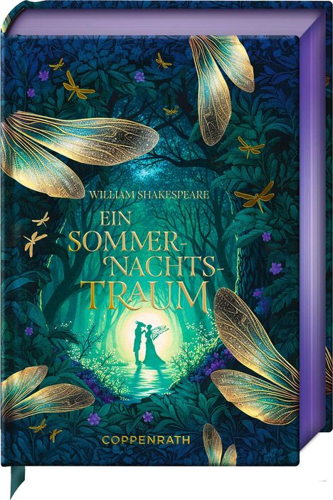 Titel: "Ein Sommernachtstraum" von William Shakespeare. Ein märchenhaftes Cover mit Feen, Wald und einem leuchtenden Vollmond.