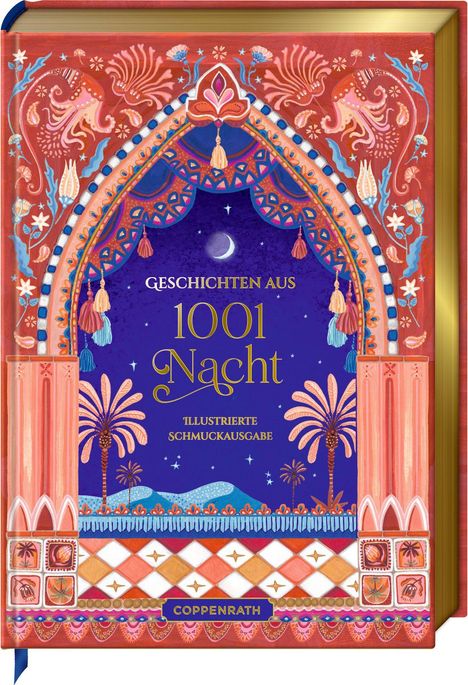 "GESCHICHTEN AUS 1001 NACHT - ILLUSTRIERTE SCHMUCKAUSGABE". Ein dekoratives Tor, Palme, blauer Himmel mit Mondsichel.