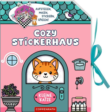 Text: "AUFSTELLEN, MALEN, STICKERN, SPIELEN!", "COZY STICKERHAUS", "KLEINE KATZE". Illustration eines Hauses mit Katze.