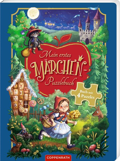 Text: "Mein erstes Märchen-Puzzlebuch", "Buch mit 4 Puzzles". Illustration mit Rotkäppchen, einem Schloss und Märchenelementen.