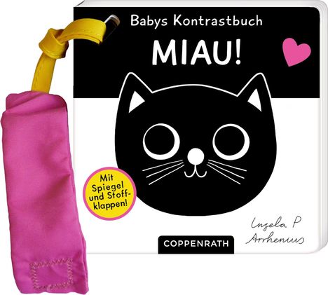 Text: "Babys Kontrastbuch MIAU! Mit Spiegel und Stoffklappen!" Illustration: Katze, rosa Herz, gelber Griff.