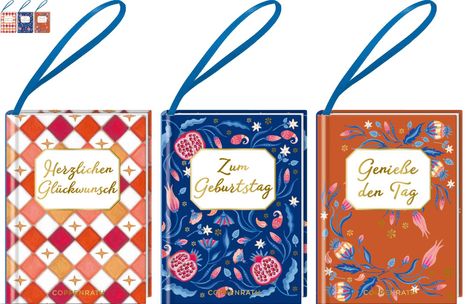 Drei farbenfrohe Buchumschläge mit den Texten: "Herzlichen Glückwunsch", "Zum Geburtstag" und "Genieße den Tag".