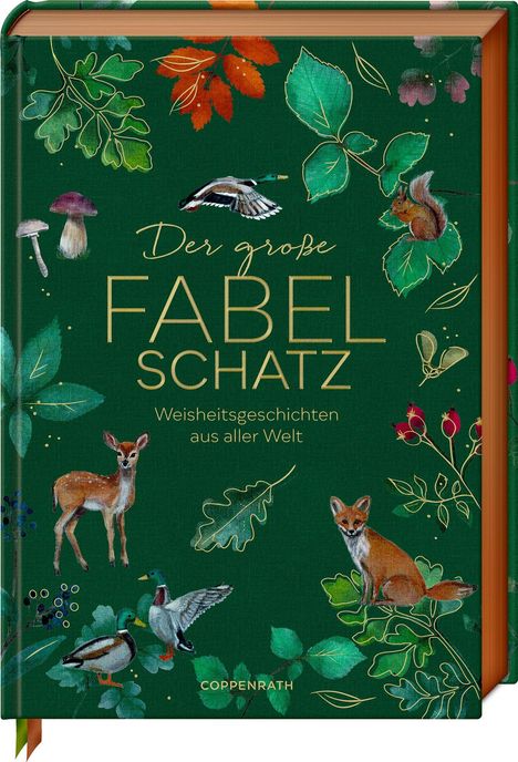 "Der große FABELSCHATZ. Weisheitsgeschichten aus aller Welt." Auf grünem Hintergrund sind Tiere und Blätter illustriert.
