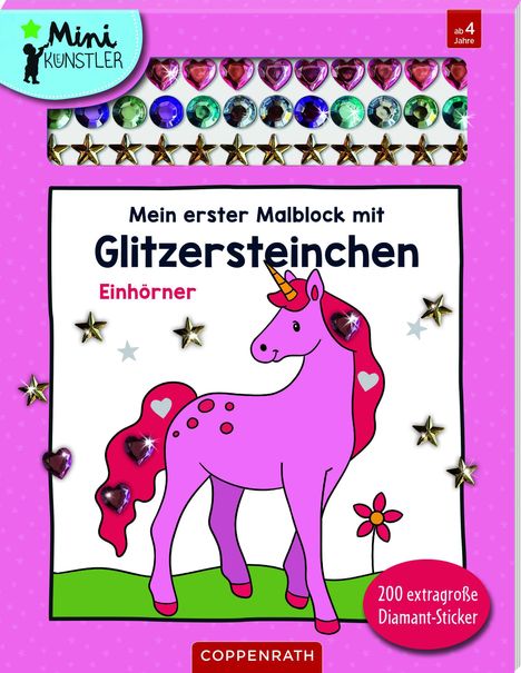 Ein bunter Malblock mit einem lila Einhorn, bunten Glitzersteinen und Aufklebern, geeignet für Kinder ab 4 Jahren.
