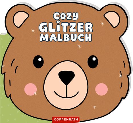"Cozy Glitzer Malbuch" steht auf einem niedlichen Bärenkopf mit rosigen Wangen und einem freundlichen Lächeln.