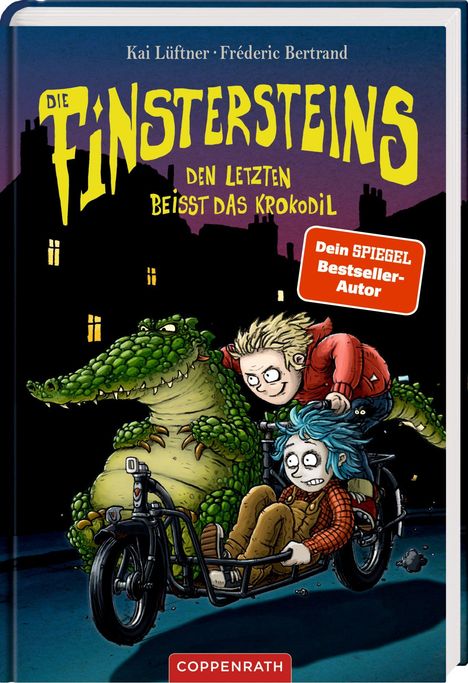 „Die Finstersteins: Den Letzten beißt das Krokodil“. Zwei Kinder und ein Krokodil fahren ein Motorrad vor Silhouette.