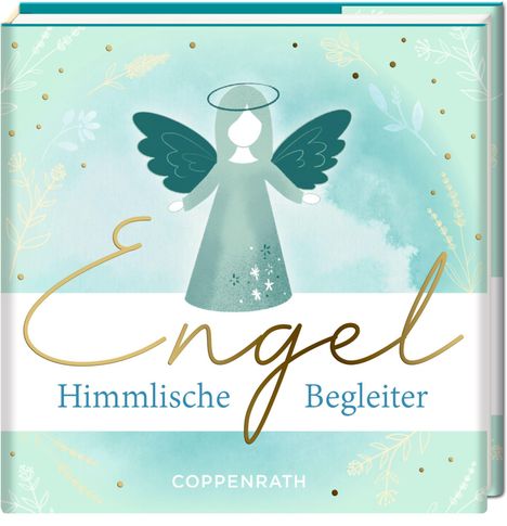 „Engel Himmlische Begleiter“ in goldener und blauer Schrift; Illustration eines Engels mit Flügeln auf blauem Hintergrund.