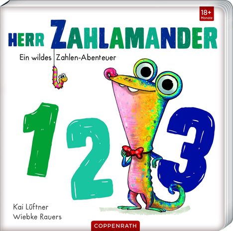 Titel: "Herr Zahlamander: Ein wildes Zahlen-Abenteuer." Illustration eines bunten Salamanders neben Zahlen 1, 2, 3.