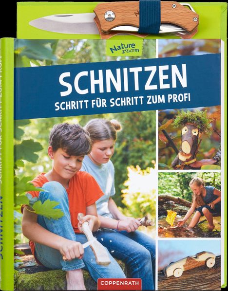 „Schnitzen: Schritt für Schritt zum Profi“, Nature Zoom. Kinder schnitzen; Messerbügel oben, Collage aus Fotos.