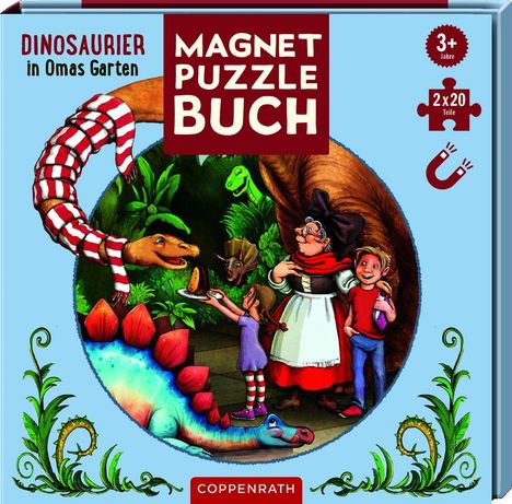 „Dinosaurier in Omas Garten. Magnet-Puzzle-Buch. 3+ Jahre, 2x20 Teile.“ Oma und Kinder mit Dinosauriern, fröhlich.