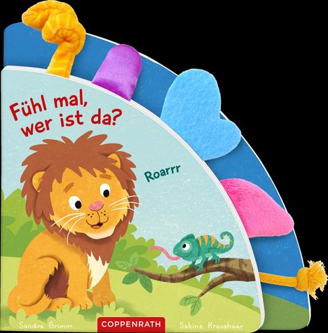 "Fühl mal, wer ist da?" und "Roarrr". Illustration eines Löwen und Chamäleons auf einem Buch. Bunte Filzlaschen.