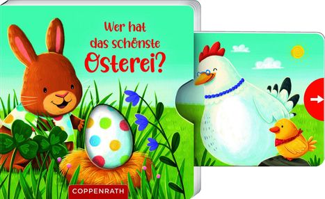 Text: "Wer hat das schönste Osterei?", Illustration: Ein Hase mit einem bunten Ei und eine Henne mit Küken auf einer Wiese.