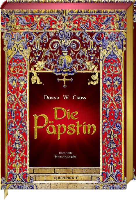 Text: "Donna W. Cross", "Die Päpstin", "Illustrierte Schmuckausgabe". 
Buntes dekoratives Muster, reich verziertes Buchcover.
