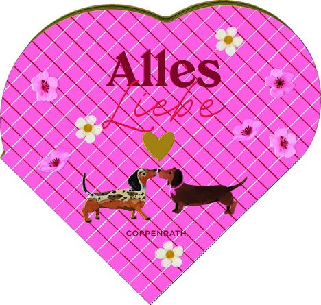 "Alles Liebe" steht auf einem pinken Hintergrund mit Blumen und zwei Dackeln, die sich anschnüffeln. Herzform.