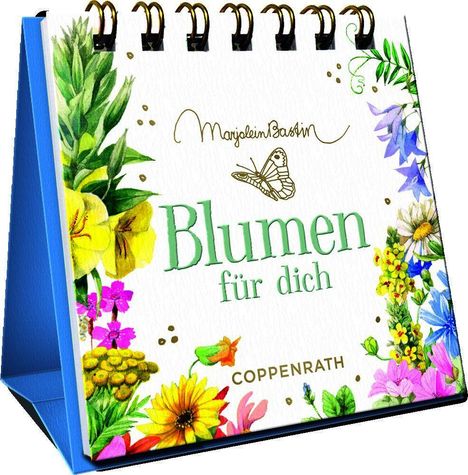 "Blumen für dich" steht in grüner Schrift, darunter blühende bunte Blumen, mit einer Illustration oben.
