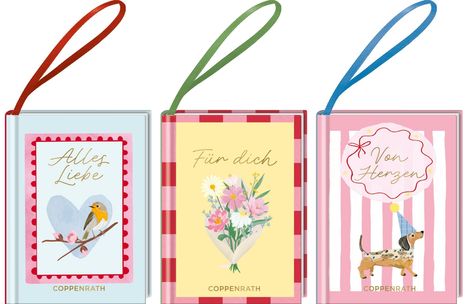 Drei Geschenkbücher mit den Texten: "Alles Liebe", "Für dich", "Von Herzen". Dekoriert mit Vogel, Blumen und Hund.