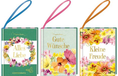 Drei Bücher mit Blumenmotiven und Bändern. Titel: "Alles Liebe", "Gute Wünsche", "Kleine Freude".