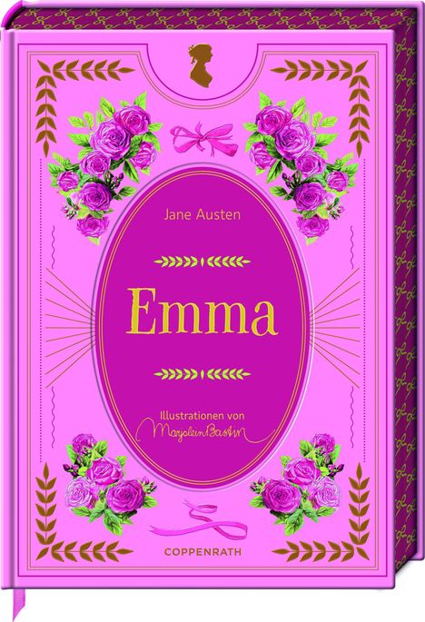 „Emma“, Jane Austen. Illustrationen von Marjolein Bastin. Ein lilafarbenes Buchcover mit Rosen und goldenen Verzierungen.