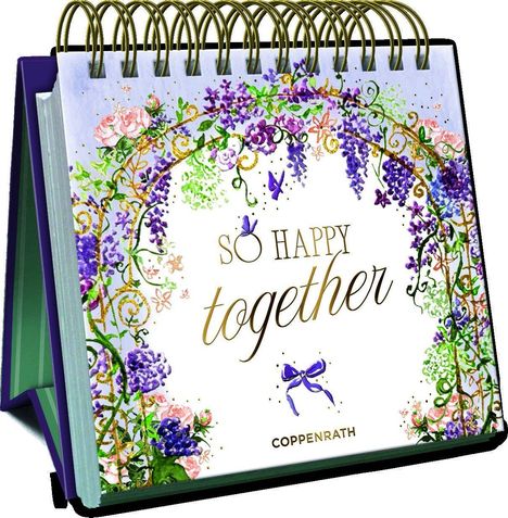 "So happy together" steht in der Mitte, darunter "Coppenrath". Buntes florales Design mit lila und grünen Akzenten.
