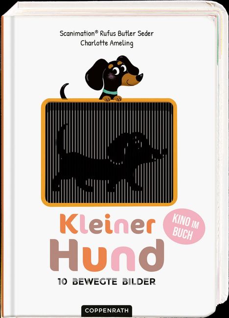 Texte: "Kleiner Hund", "Kino im Buch", "10 bewegte Bilder". Illustration eines Hundes über einem beweglichen Bild.