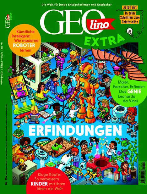 GEOlino Extra: Erfindungen. Illustrationen von Kindern, Robotern, Wissenschaft und Leonardo da Vinci auf grünem Hintergrund.