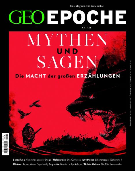GEO EPOCHE Nr. 136: "Mythen und Sagen: Die Macht der großen Erzählungen". Illustration: Krieger, Drachen, Raben.